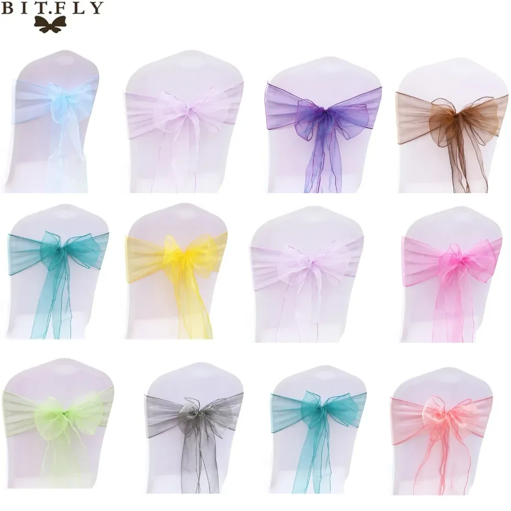 

25PCs/Set Sheer Organza Tull Fabric Chair Cover Sash Bow Sashes Wedding Party Banquet Decoration Wedding Supplier