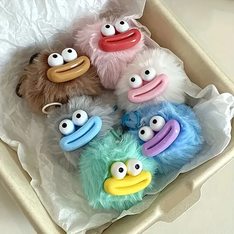 6 قطع من سلاسل المفاتيح القطيفة على شكل فم السجق الكرتوني اللطيف، فرو صناعي ناعم، مع حلقة معدنية متينة، للحقائب والسيارات، هدية مثالية للأصدقاء