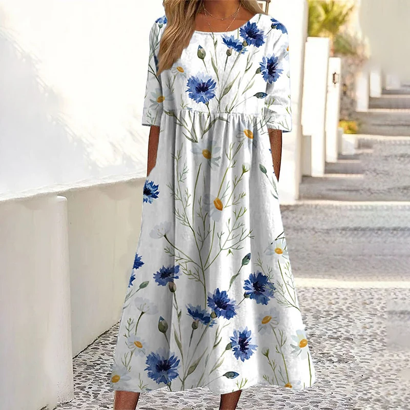 Summer Bohemian Dress Women Cotton Print Loose Casual Round Collar Half Sleeve Natural Scenery Pockets A Line Long Robe