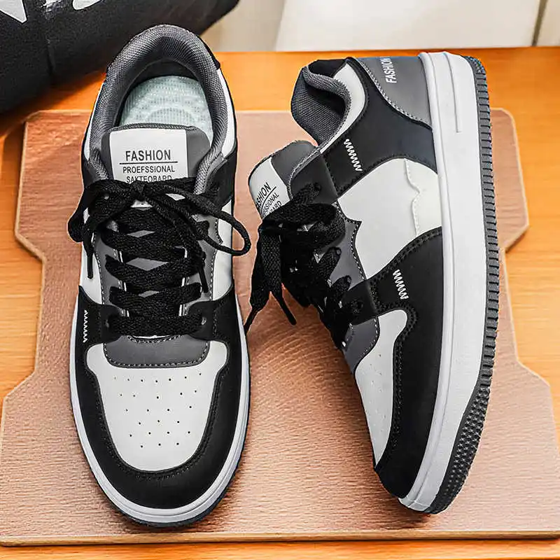 Men Breathable PU Vulcanized Sneakers Casual Non-Slip Lightweight Lace-Up Skateboard Walking Outdoor Sports Shoes