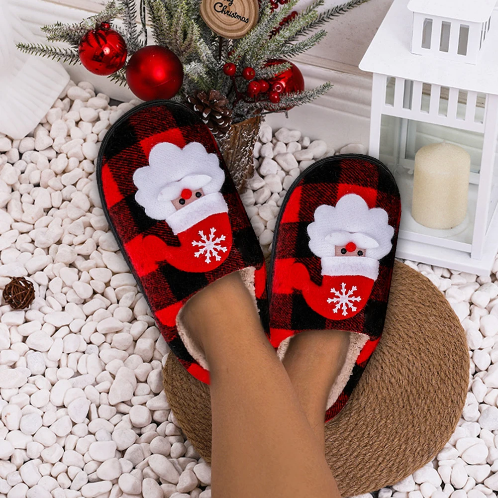 Christmas Fuzzy Indoor Slippers Flat Santa Claus Fluffy Fur Slippers Anti Slip Plush Slip-on House Shoes Plaid for Winter Indoor