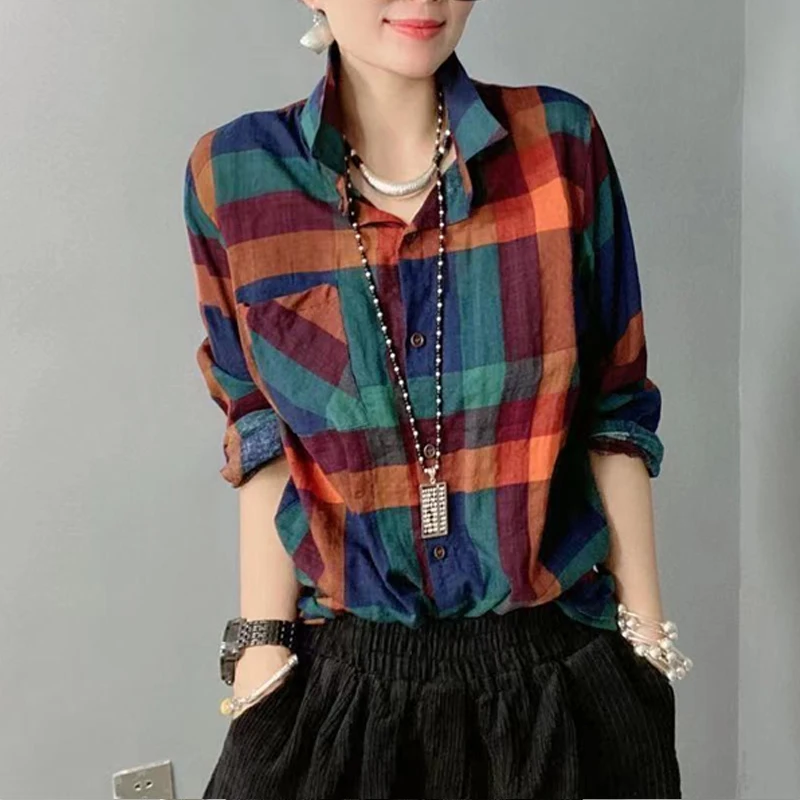 Women Vintage Classic Plaid Cotton Linen Button Up Shirt Spring Autumn Fashion Long Sleeve Loose Blouse Y2K Streetwear Tops Ropa