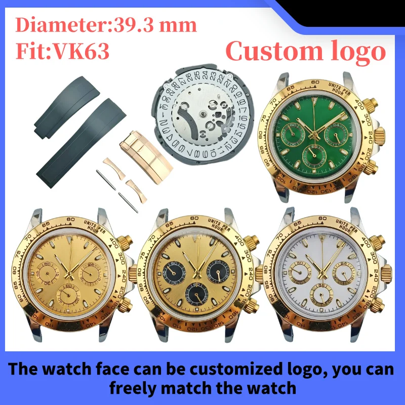 39.3mm VK63 Quartz watch suitable for VK63 movement assembly, VK63 stainless steel watch case, sapphire glass, 10bar waterproof