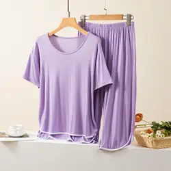 Yaz kısa kollu pijama T-shirt kırpılmış pantolon setleri kadın ev giysileri Modal pijama setleri ince pijama dökün Femme XXL