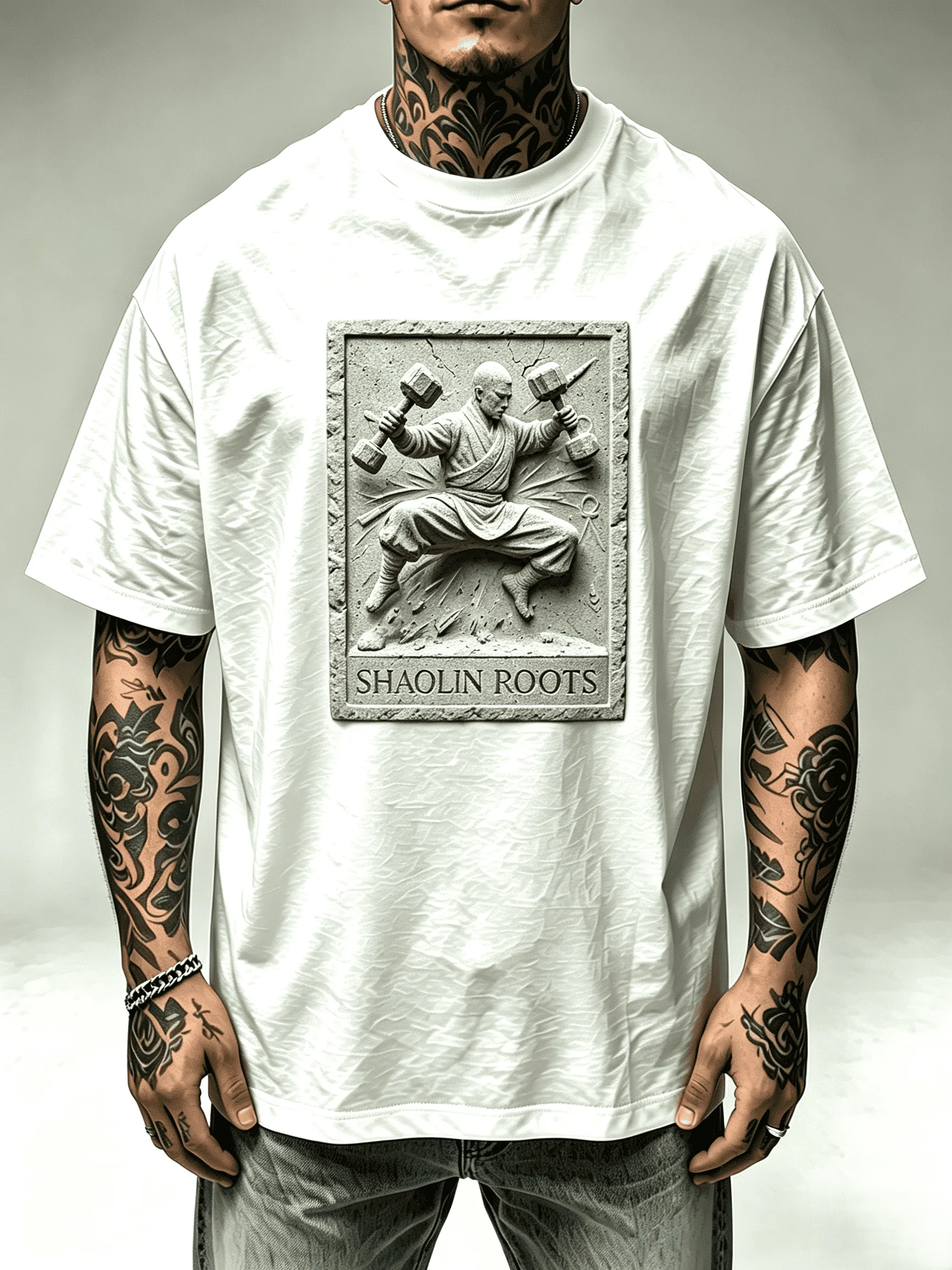 3D Stone Relief Shaolin Monk With Dumbbells SHAOLIN ROOTS Graphic T Shirt Men Women Unisex Vintage Chinese Kung Fu Martial Arts Print Casual Streetwear Cotton Short Sleeve Tee