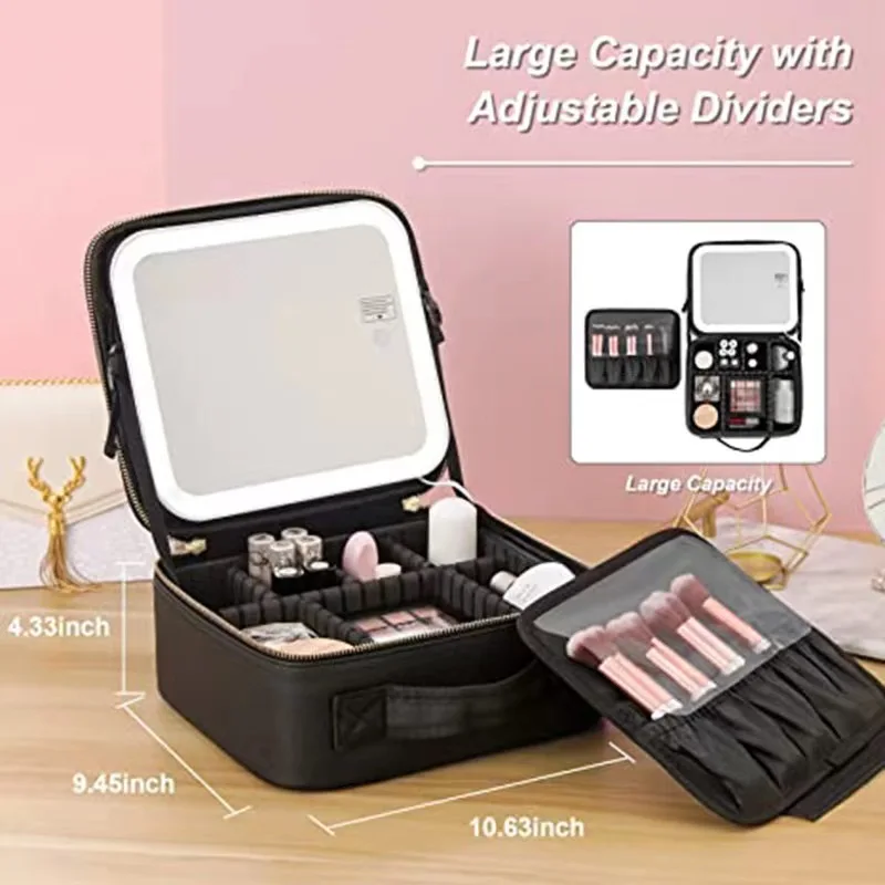 Smart LED Cosmetic Case with Mirror Travel Makeup Bags Large Capacity Fashion Simple PU Leather Casual for Weekend Vacation