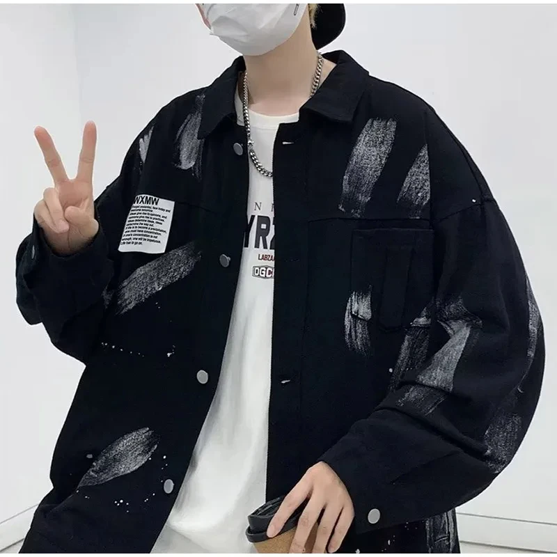 

Men's Graffiti Tie Dye Denim Jackets 2024 Street Male Patchwork Single Button Coat Fashion Vintage Long Sleeve Jean Jacket