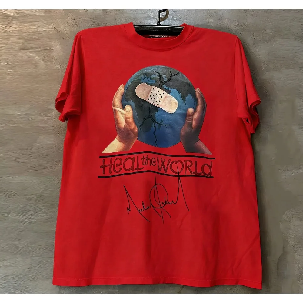Summer Heal The World Michael Jackson Album Cover Print T-shirt Casual Fashion Breathable Loose Short Sleeve Top Family Outfits