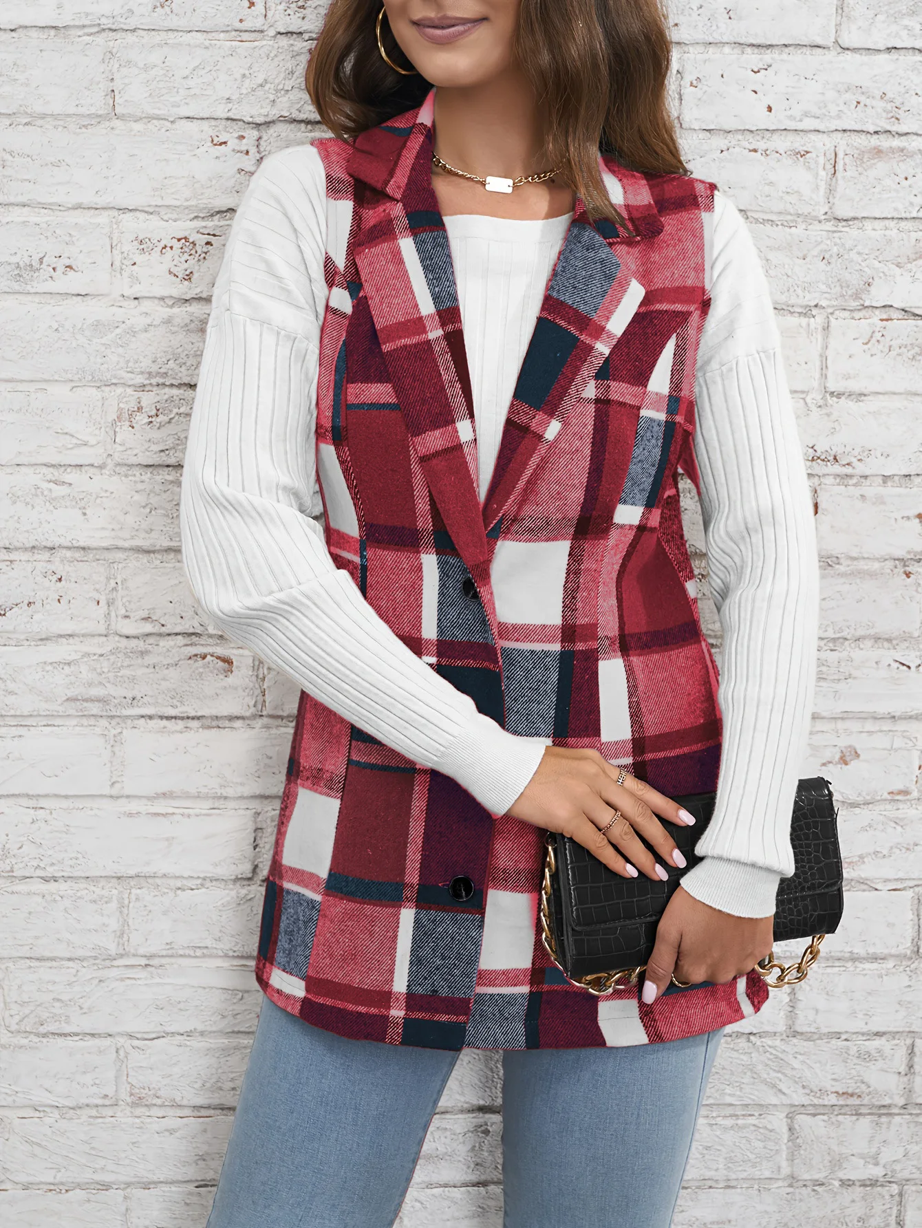 European and American women\'s fashionable and elegant diagonal plaid flip collar button vest