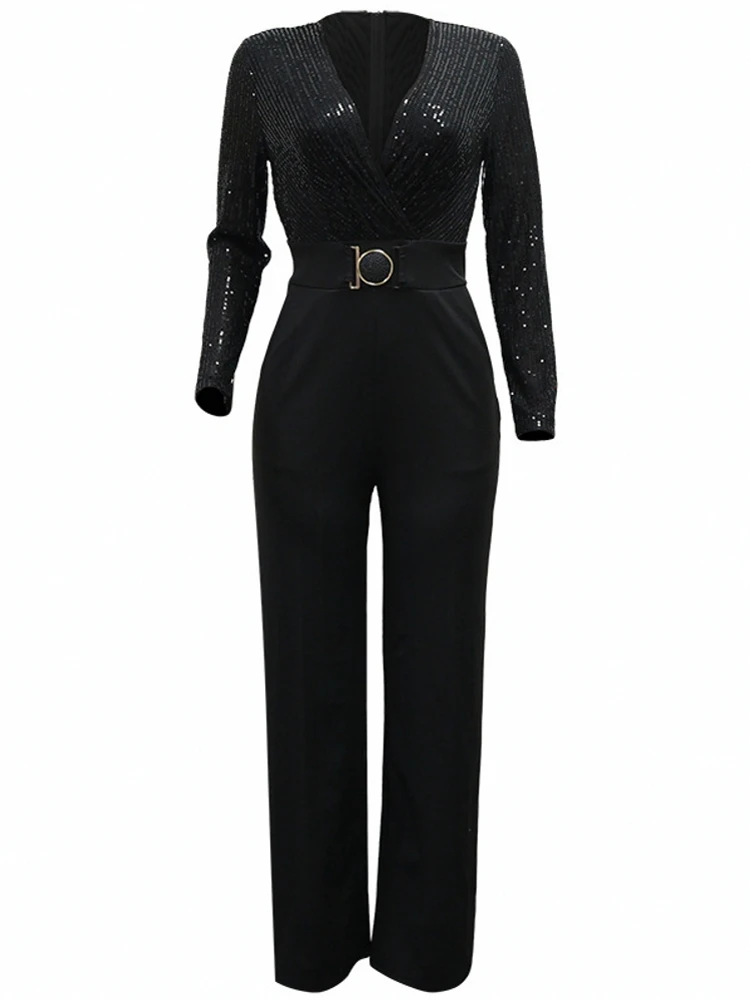 

Solid Women Jumpsuits For Spring Summer Long Sleeve V-Neck Balck Jumpsuits Fashion Streetwear Overalls Pants Trousers 2026