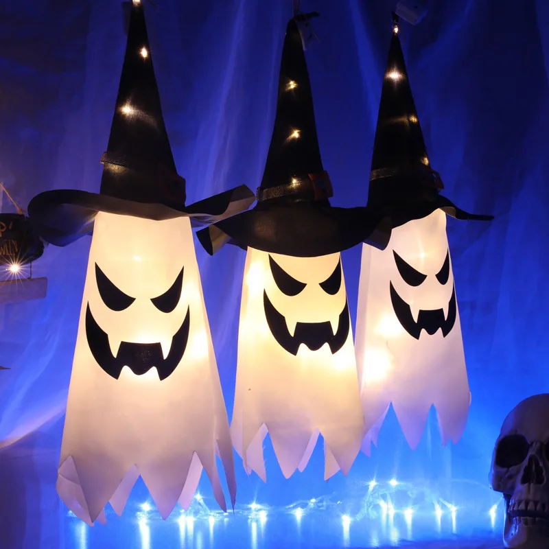 Luz LED intermitente para Halloween, lámpara colgante de fantasma, sombrero de mago brillante, accesorios de terror, decoración de Bar y hogar