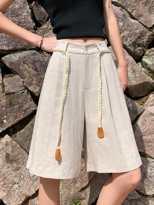 

High Waist Wide Leg A-Line Linen Shorts Casual Slimming Cotton Linen Thin Five-Point Pants for Women Summer 2026
