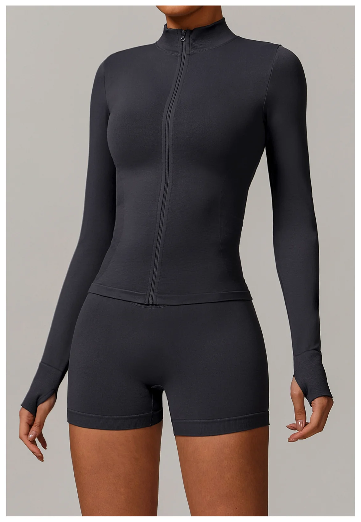 Women's Seamless Long Sleeve Yoga Top Ribbed High Neck Full Zip Slim Fit Sports Jacket Thumb Hole Workout Gym Running Activewear