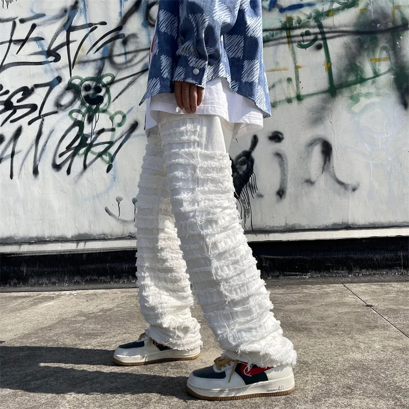 American Street Hip-hop Heavy Industry Ripped Men's Jeans 2023 Spring  Straight Loose Vibe Style Skateboard White Flared Pants