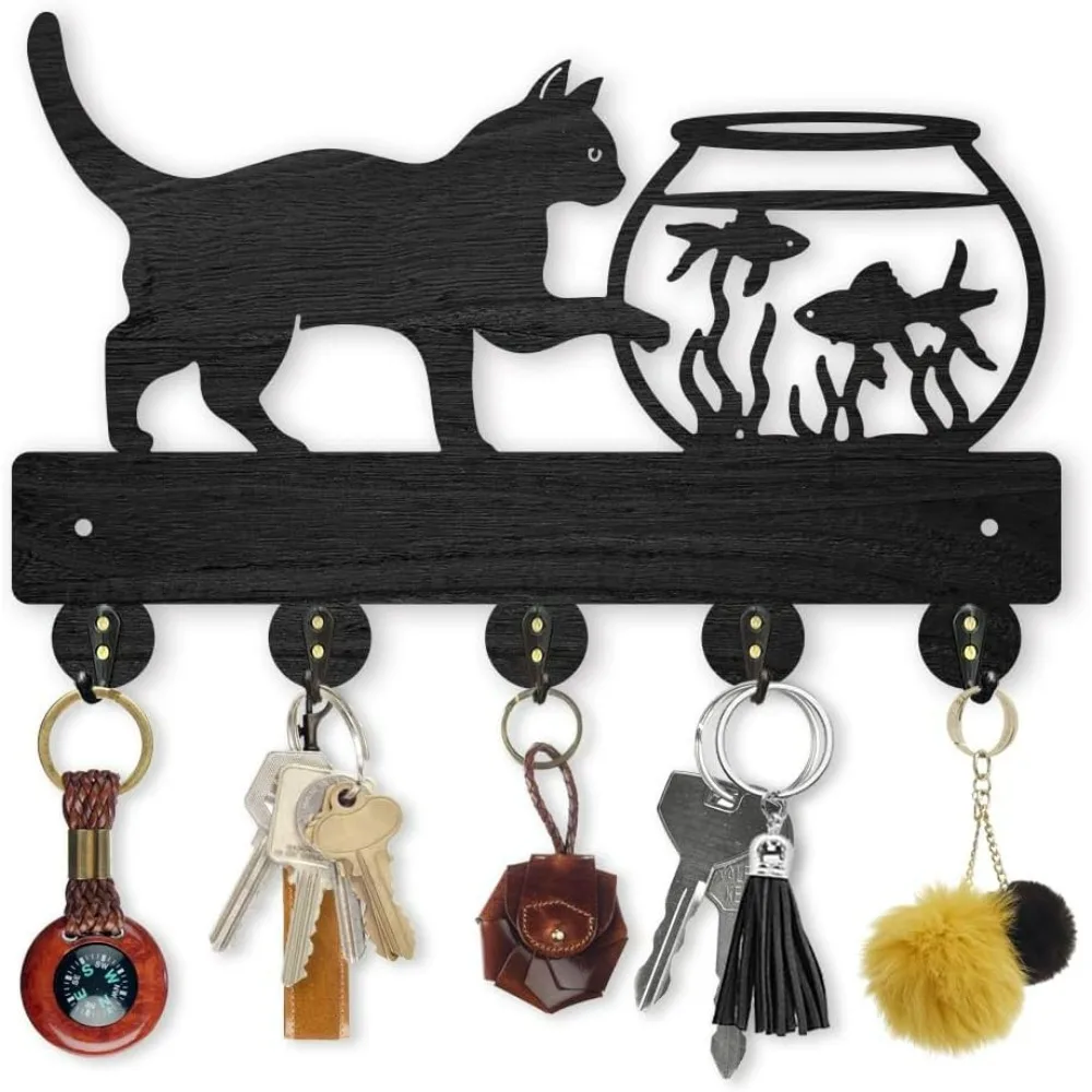 Cat Fish Tank Coat Rack Wall Mount Wood Cat Pet Animal Key Holder for Wall 11.8×7.6inch Cat Goldfish Key Rack 5 Alloy Hooks