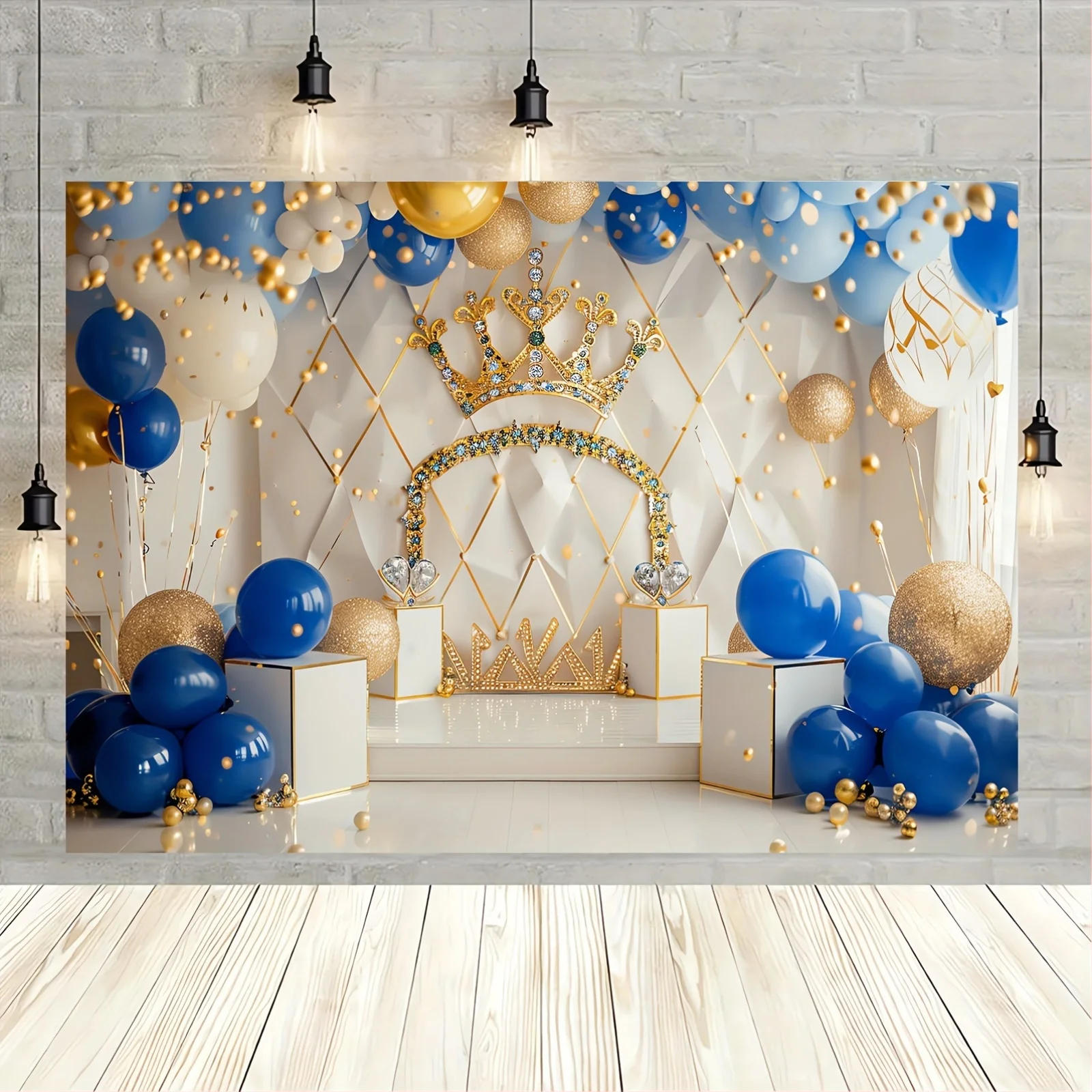 Royal blue and Gold King Crown party background, 1st birthday polyester banner, Prince Shower cake smash decoration