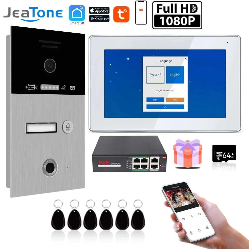 Jeatone-Interphone vidéo Wi-Fi visiophone pour moniteur d'appartement, sonnette, unité de caméra avec empreinte digitale, déverrouillage de la carte RFIC, 7 pouces