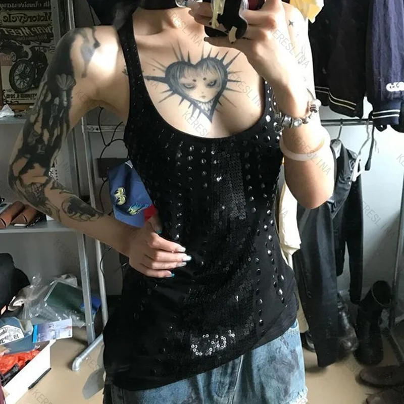 

Gothic sexy hip-hop rock style low-cut halter sequined tank top summer E-girls spicy girls high street versatile halter top emo