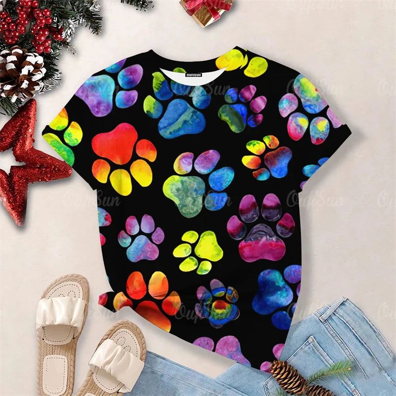 New Womens Clothes Summer Fashion Short-Sleeved Cat And Dog Paw Print Girls T-Shirt Blouse Cute Dog Paw Aesthetic Tops Woman 4XL