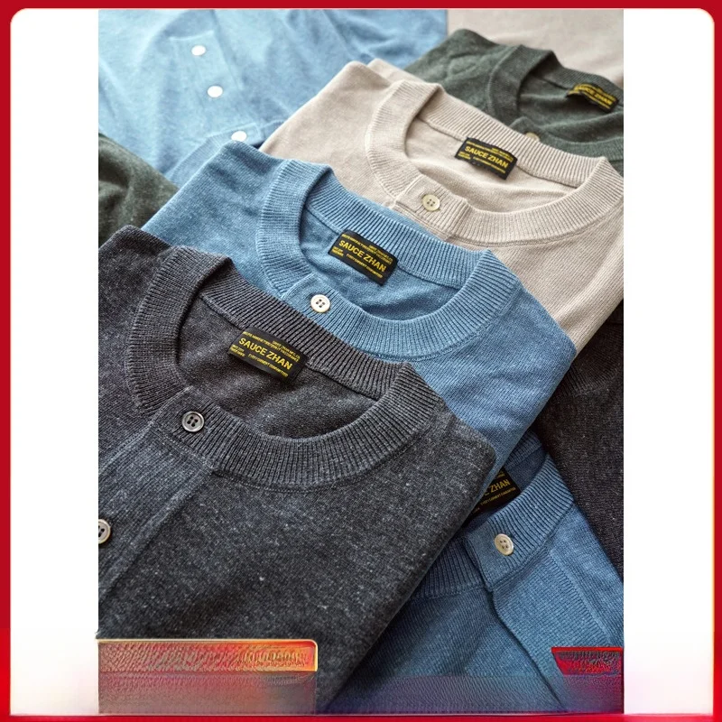 

SauceZhan Трикотажная мужская футболка с воротником Генри ор Све Свободная универсальная повседневная футболка цвета хаки в американском стиле ретро f Sve