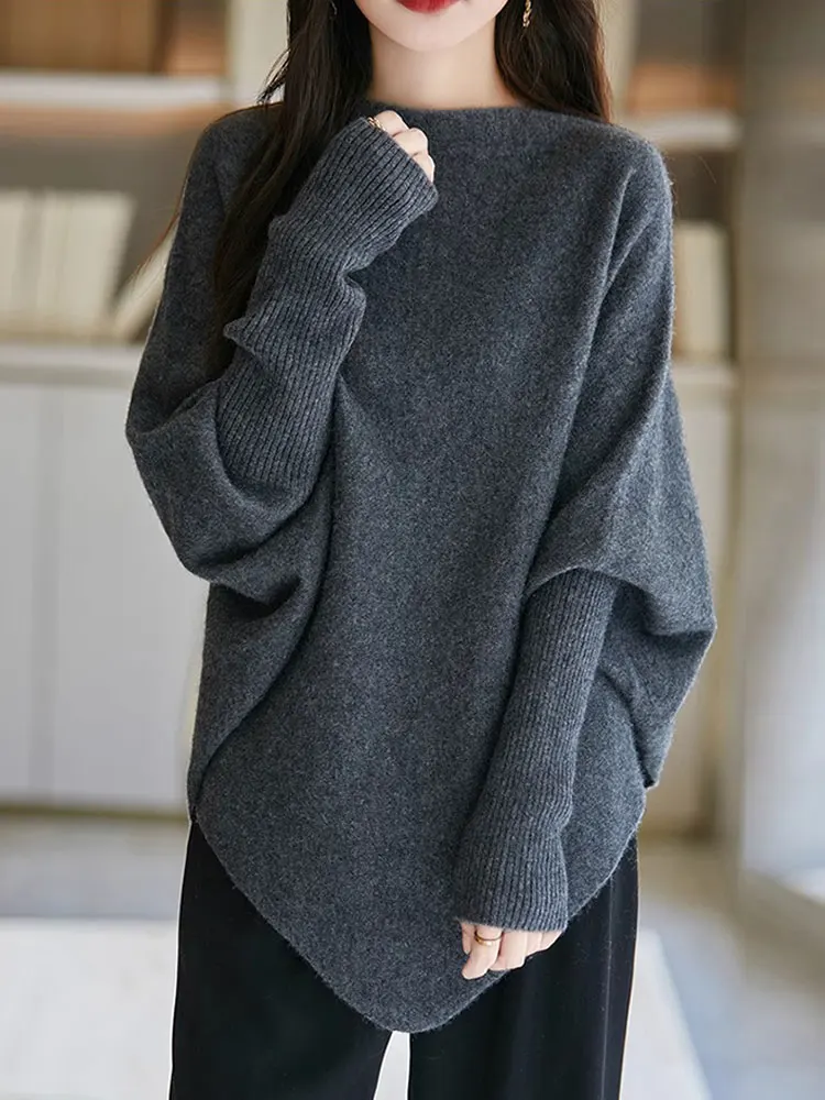 

Ladies' Lazy Sle Knitted Sweater Woolen Batwing Sve Soft Warm Regular Length Pure Color Resin Color Design T-irt