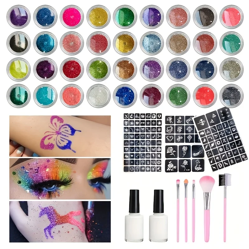 Set de 7 Tatuajes Temporales con Purpurina, Duraderos, Aptos para Cara, Cuerpo, Brazo, Cuello, Maquillaje Artístico, Bai