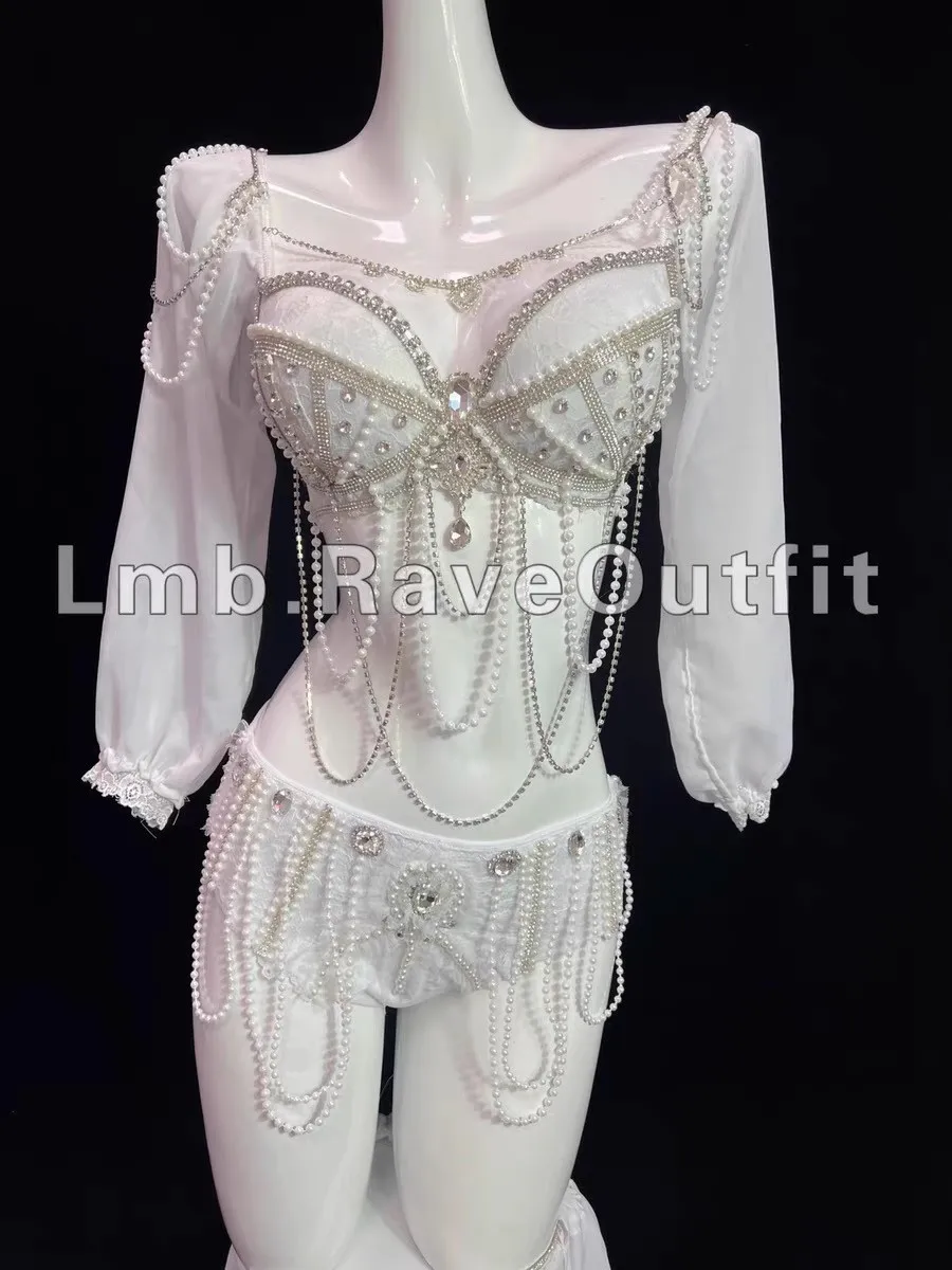 Pearl Yarn Flowing Light Lace Pearl One Shoulder Bikini Long Tail Dress Electric Syllable Bouncing Disco Nightclub Singer Set