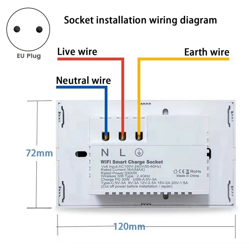 

WiFi Smart Tuya 15A Wall Socket USB TYPE-C Plug Outlet Power for for Home Smart Life Black EU Plug-A09I