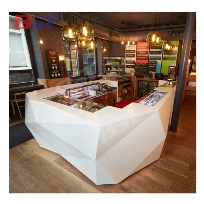 custom.High End Sushi Restaurant Bar Counter U Shape Solid Surface Salad Bar Station Bar Desk Counter