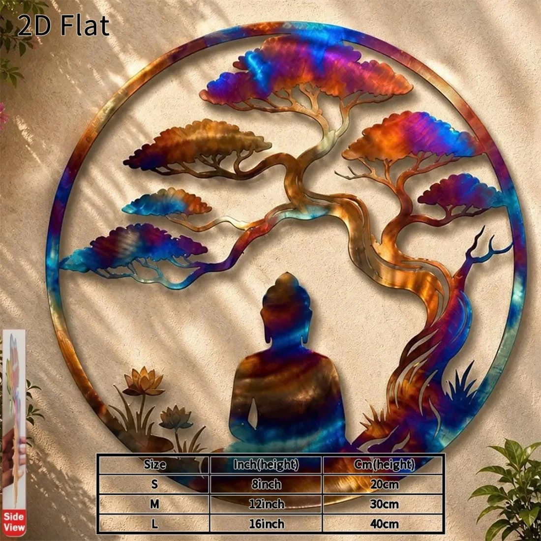 CIFBUY 1pc Round Buddha Under Tree Metal Tin Sign,20cm Diameter,2D Flat Printing,Rustic Wall Art Plaque UV Print