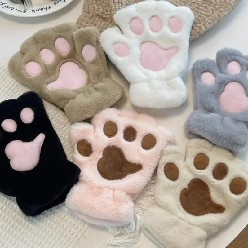 Gants de patte de chat en peluche pour femme, mitaines de Krasno-mitaines, demi-doigt, griffe, doux, moelleux, chaud, hiver, cadeau de Noël