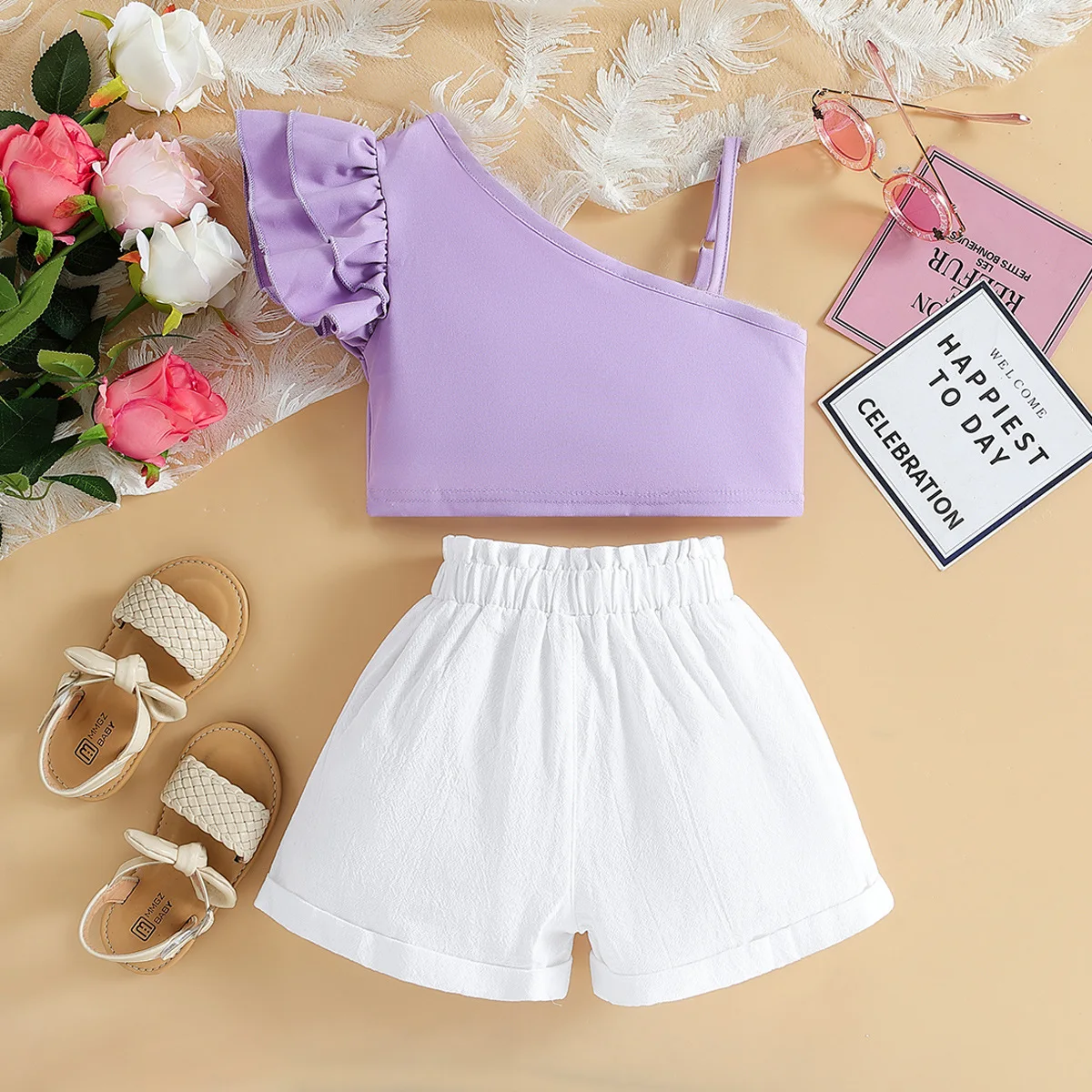 2023 fashion girls\' children\'s summer new girls\' suit Western girls oblique shoulder halter top shorts suit