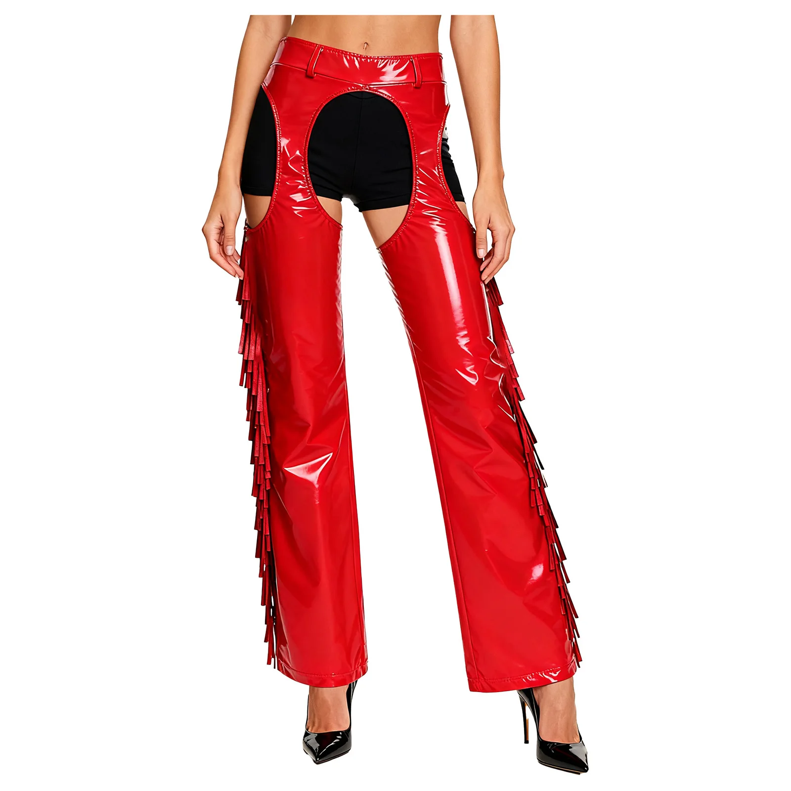 

Womens Glossy Chaps Pants Hollow-out Crotch Thighs Shiny Tassel Wide Leg Long Pants Western Cowgirl Carnival Party Clubwear