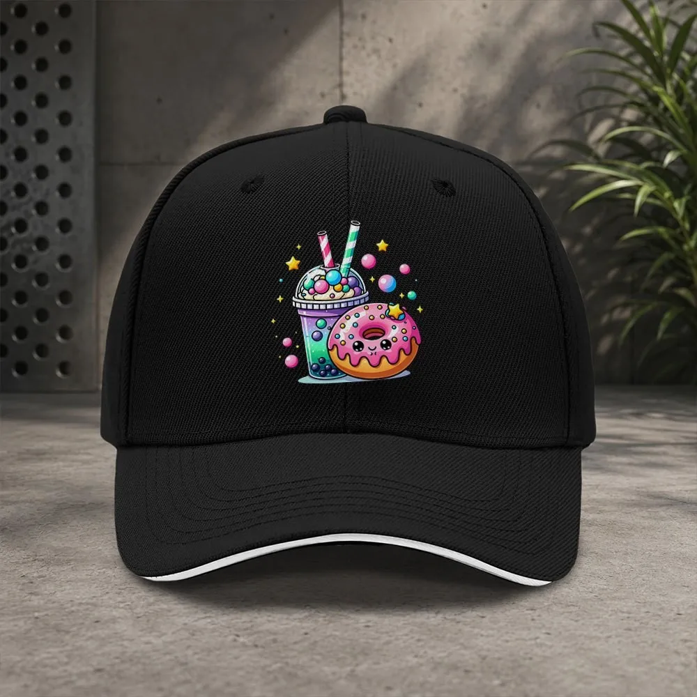 Kawaii Donut & Bubble Tea Print Baseball Cap Adjustable Unisex for Men Women Casual Sports Parties