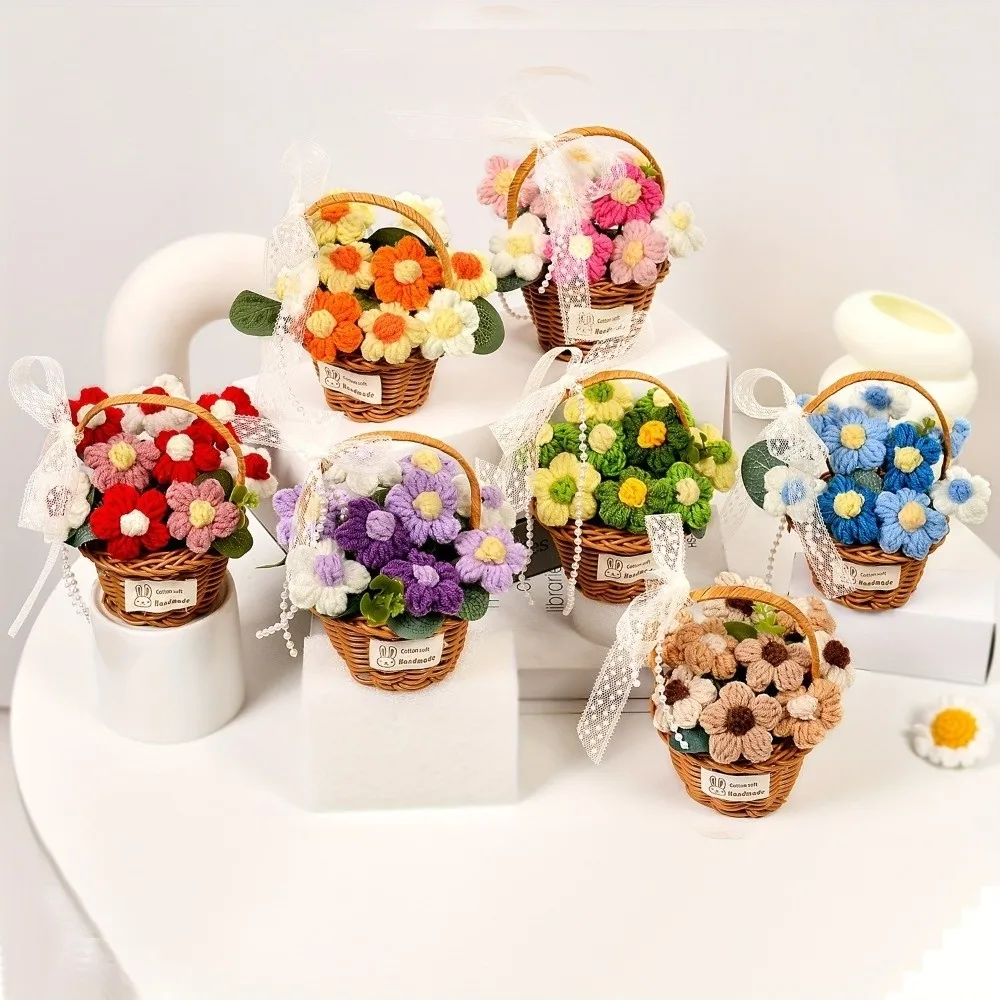 Flor de hilo de punto hecha a mano, producto terminado, tamaño mini, flor hecha a mano, decoración de escritorio, flor simulada para cesta de mano