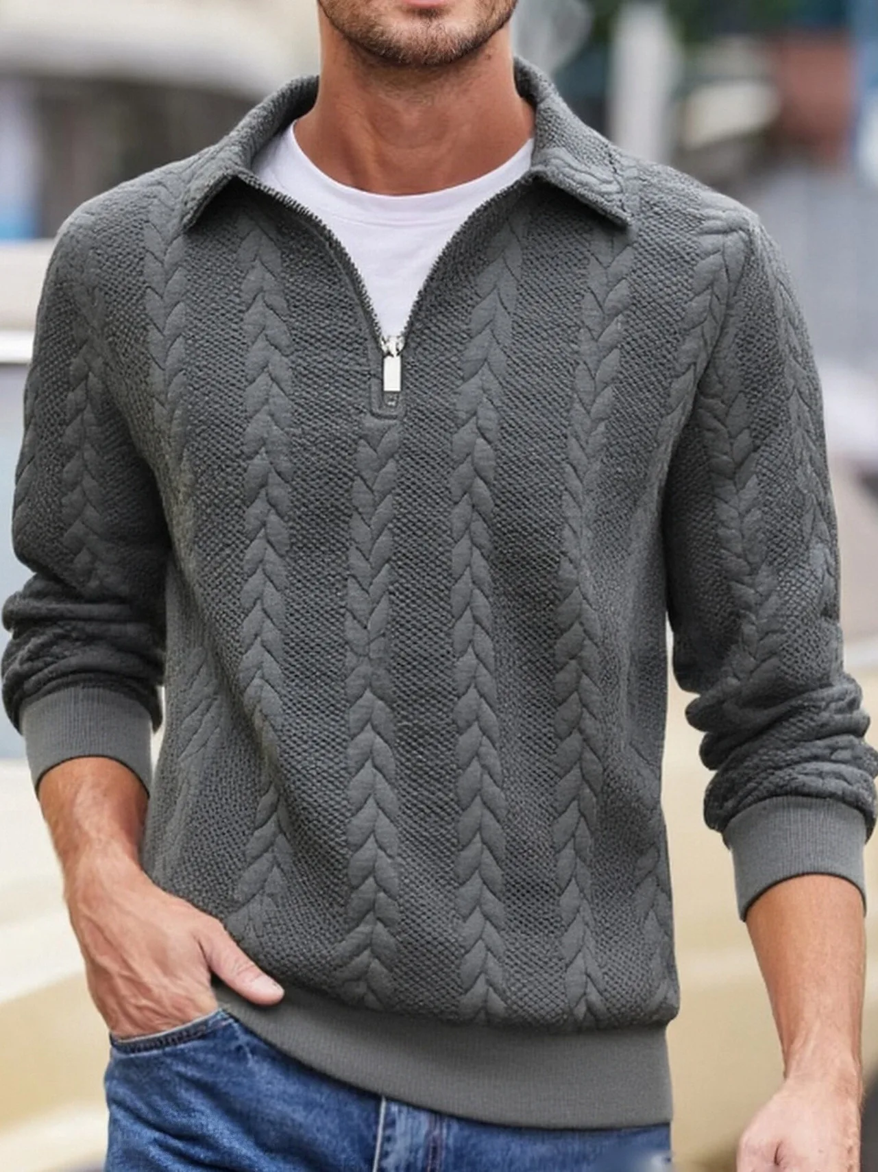Mens Lapel Half Zip Sweatshirt Long Sleeve Cable Textured Pullover Relaxed Fit Tops For Daily Casual Autumn And Winter Dressing