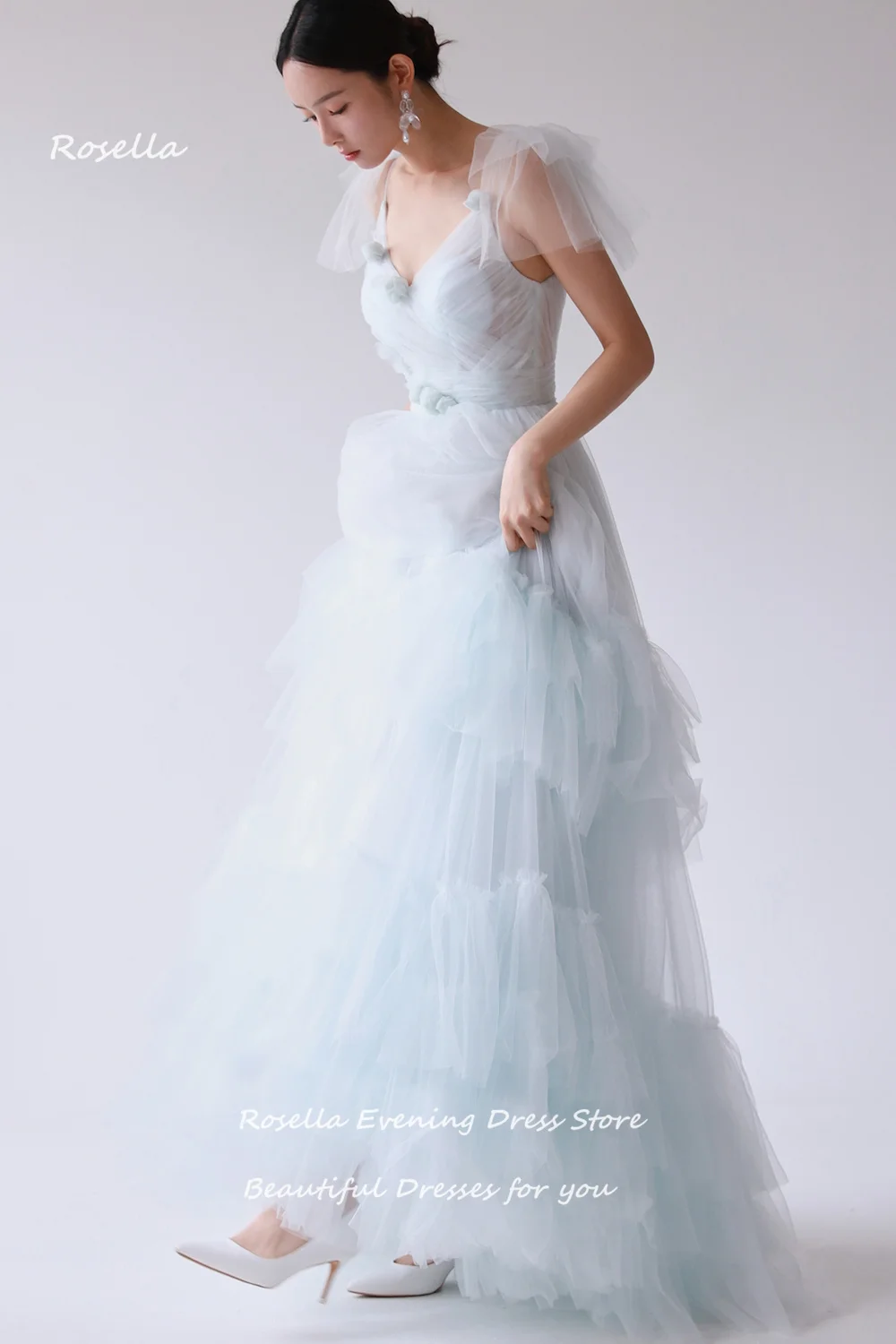 ROSELLA Fairy Sky Blue Spaghetti Straps Prom Dresses Tulle Tiered Floor Length 3D Flowers Garden Formal Party Ball Gown Korean