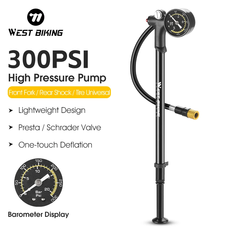 

WEST BIKING 300PSI High Pressure Bicycle Pump Portable Bike Front Fork Pump With Gauge For Schrader/Presta Valve Tire Inflator