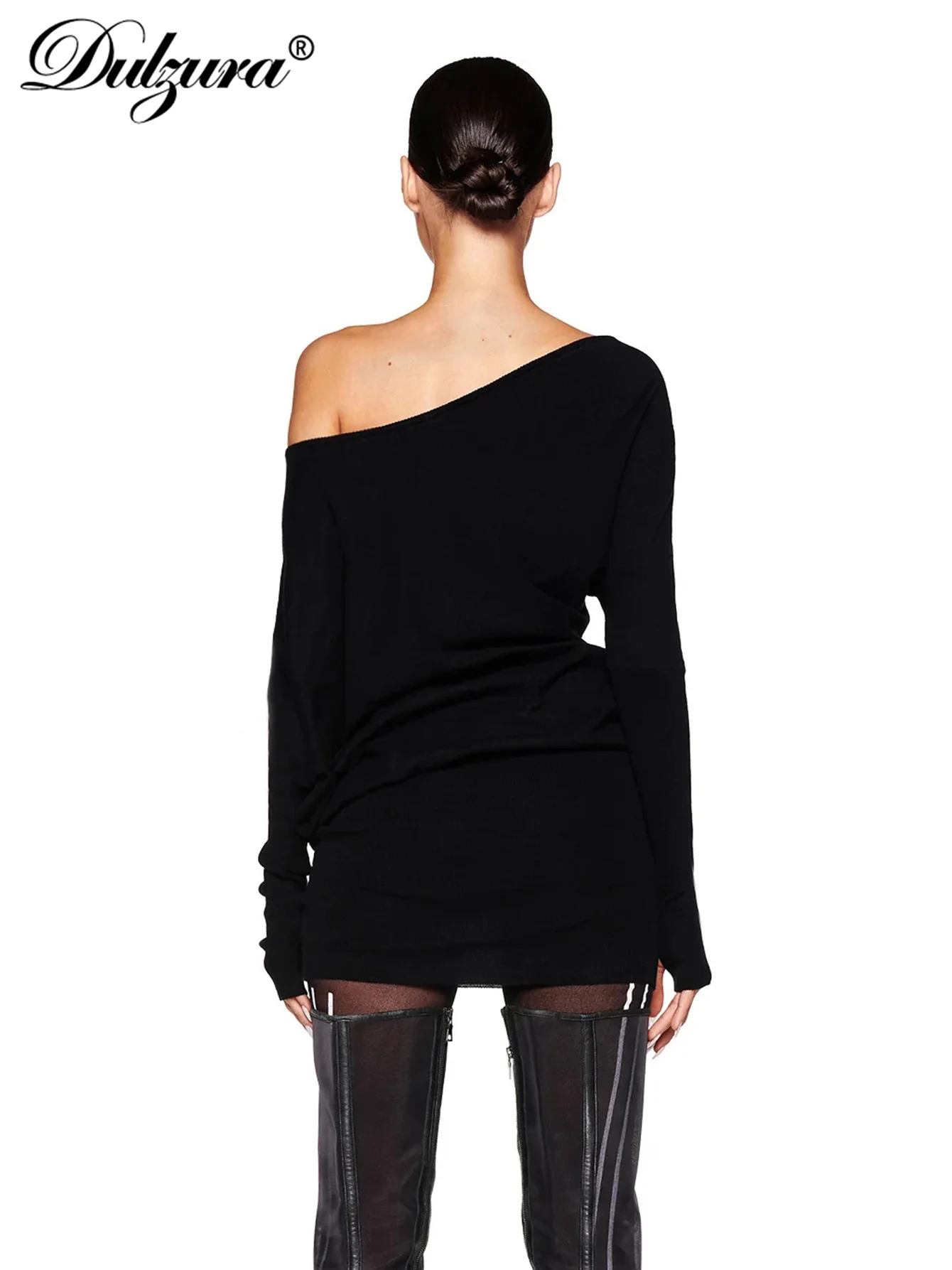 Dulzura Sexy Long Sleeve Mini Dress Oblique Shoulder Solid Simple Dresses Party Club Birthday Vacation Date Y2K Women Clothes image 5