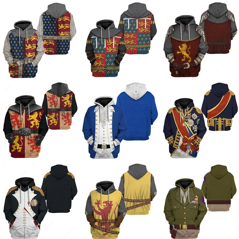 Halloween Costumes for Adult Men and Women Historical Figures Series Cosplay Pullover Jacket Vintage Warrior Hoodie Hooded Coat