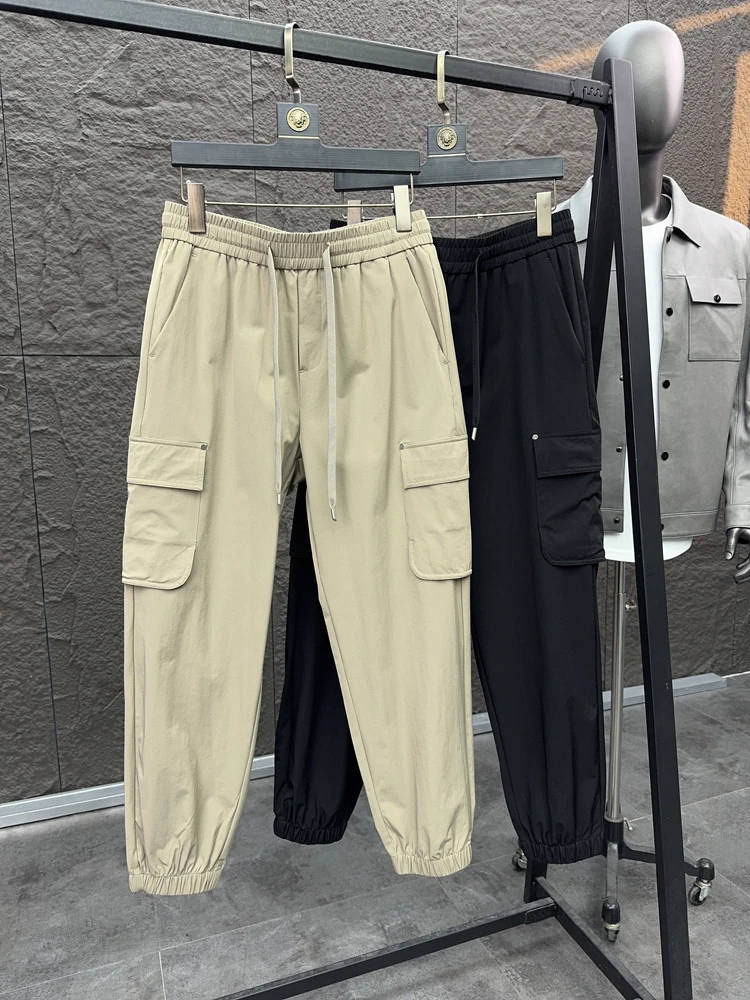 

Прохладные рабочие брюки с эластичной резинкой на талии, мужские весенне-летние облегающие зауженные брюки с несколькими цветами, молодежные однотонные брюки