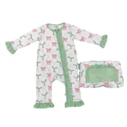 NEW rts fall infant girls romper wholesale boutique Christmas bow pattern cane pattern zipper holiday bamboo green onesie