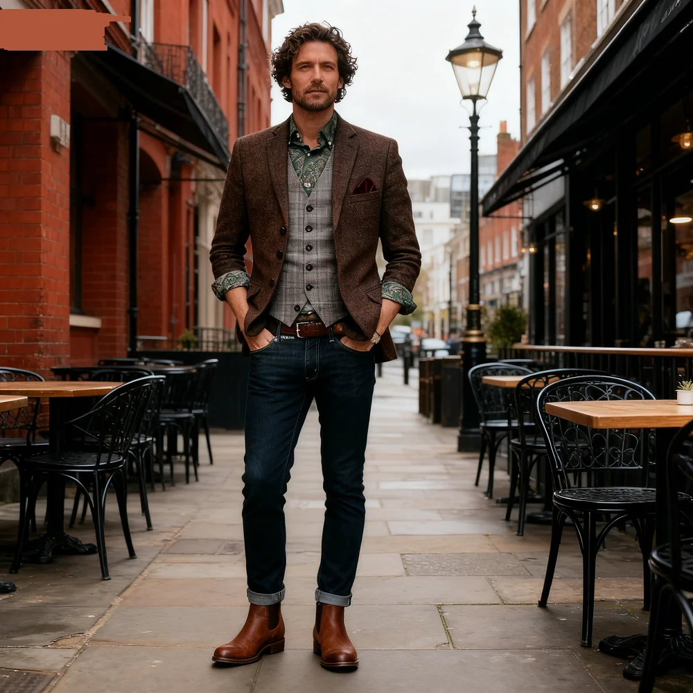 

Мужской коричневый твидовый пиджак Whalebone Sashing для танцев, твидовая шерстяная куртка на груди, уникальная деловая или домашняя куртка с 1 пуговицами