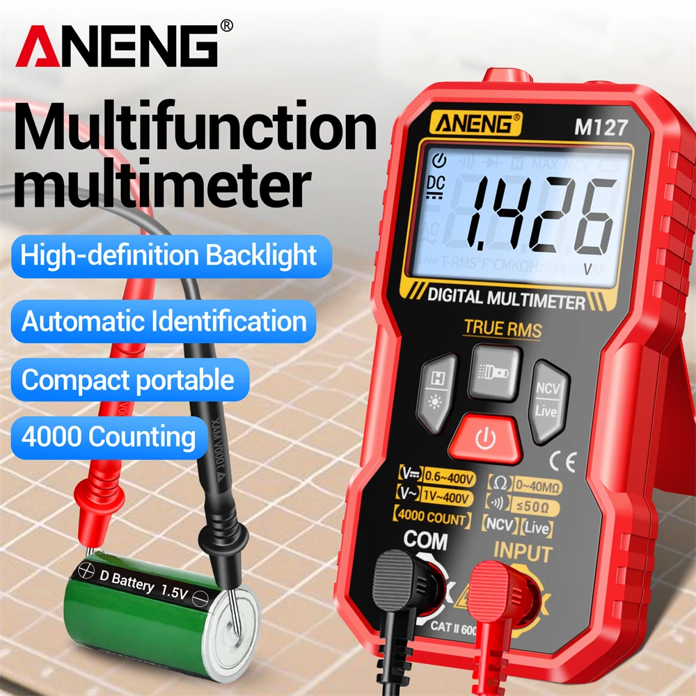 Aneng multímetro inteligente 4000 contagem ac/dc teste de tensão m127 resistência ncv detecção ohm ohm ohm ohm ferramentas de linha de detecção de fogo zero