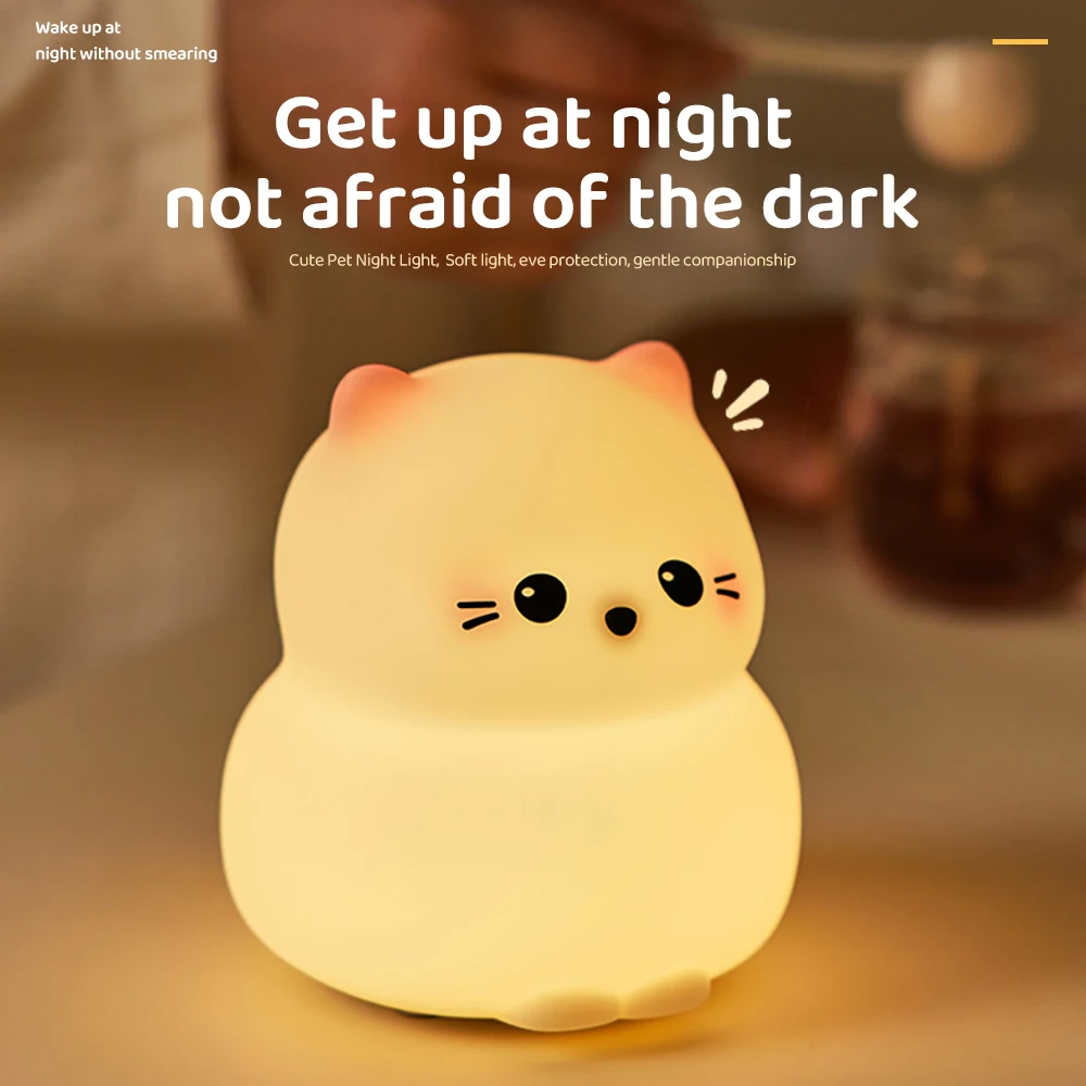 Cute Cat Silicone Night Light 3 Brightness Rechargeable Timing Sleeping Lamp Kawaii Cordless Night Lights For Kids Room Decor