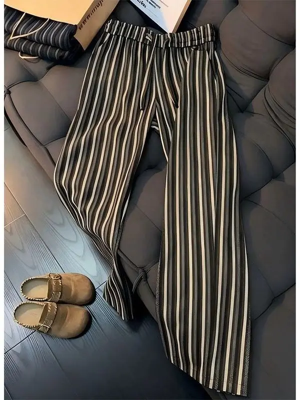 

Strongly Recommended Men's Casual Striped Wide Leg Straight Cut Pants Autumn Winter Trendy Brand Lazy Sle Color Blo Trousers