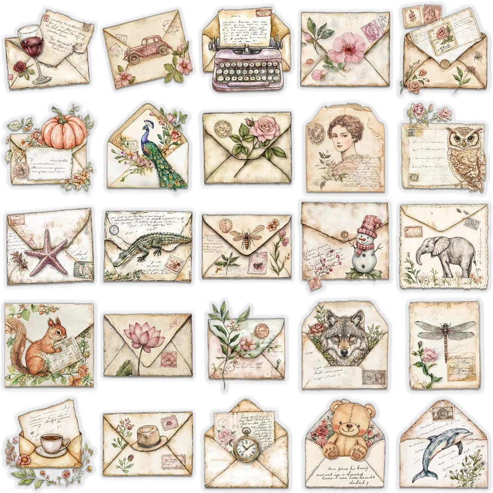 10/30/50pcs 투명 레트로 봉투 미적 스티커 빈티지 아트 만화 데칼 DIY 스크랩북 전화 가방 스티커 장식