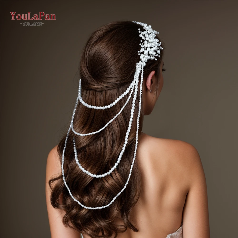 

YouLaPan Bride Pearl Headdress Handmade Long Pearl Tassels Headband Hair Accessories Elegant Women Bride Hair Hoop HP647