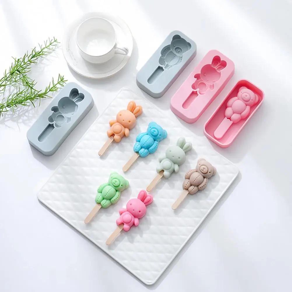 Ice Cream Mold With 20 Sticks Silica Gel Bear Rabbit Shaped Popsicle Mold Silicone Mold DIY Ice Cube For Summer Kitchen Gadget