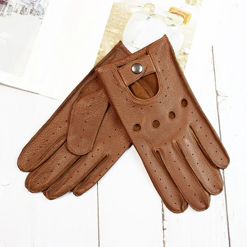 Summer Driving Deerskin Full Finger Leather Gloves for Men's Thin Hollow Unlined Motorcycle Riding Men's Fashion Driver Gloves